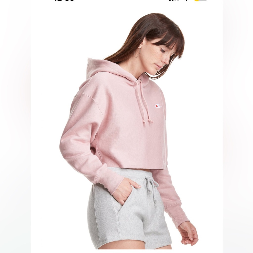 Champion Pink Beige Reverse Weave Cropped Cut Off Pullover Hoodie